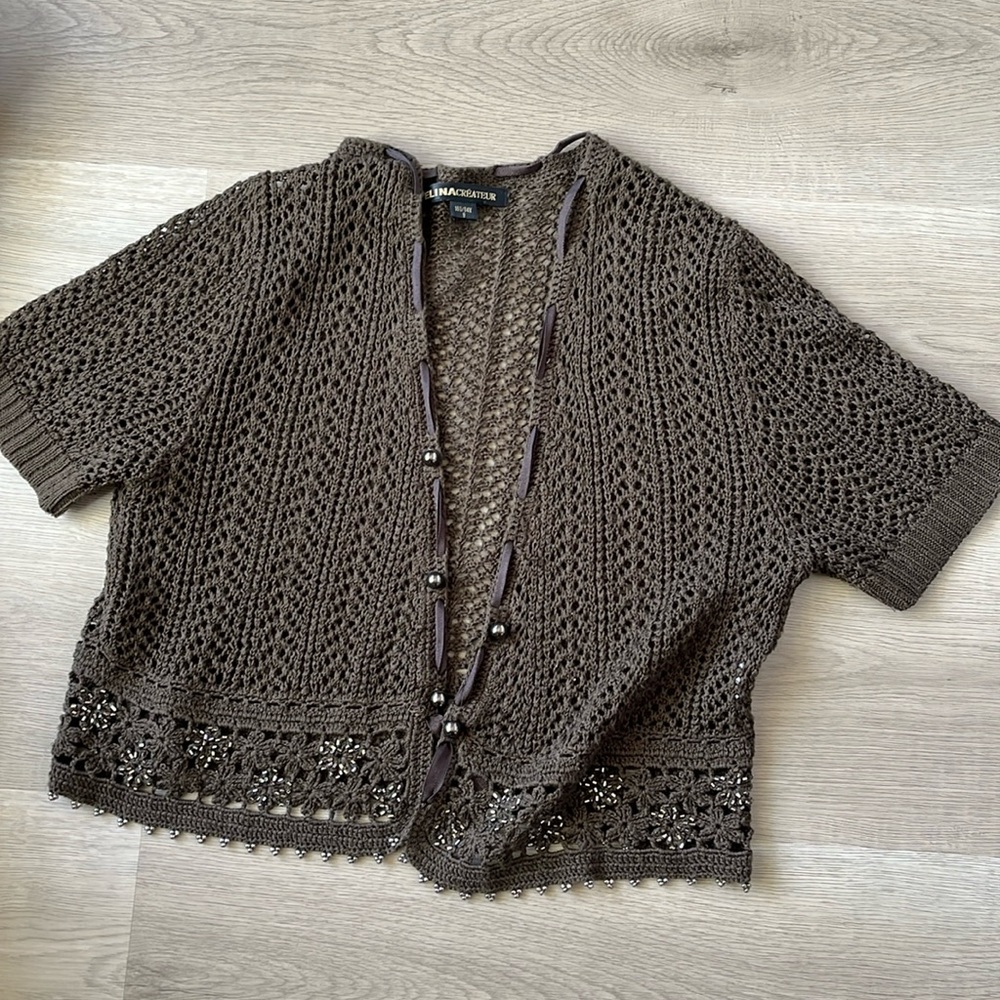 Elan Black Open-Front Cardigan with Lacy Knit